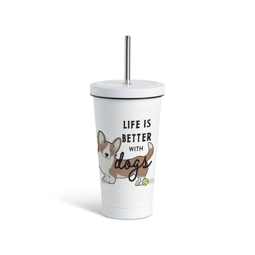 Corgi Dog Tumbler with Straw - White 16oz