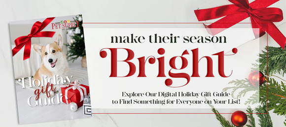 Holiday-themed digital gift guide cover featuring a corgi with a red bow, next to the text 