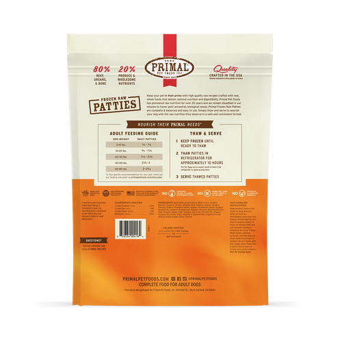 Primal Pet Foods Frozen Raw Beef Patties for Dogs - Bulk 18lb Box