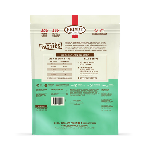 Primal Pet Foods Frozen Raw Chicken Patties for Dogs - Bulk 18lb Box