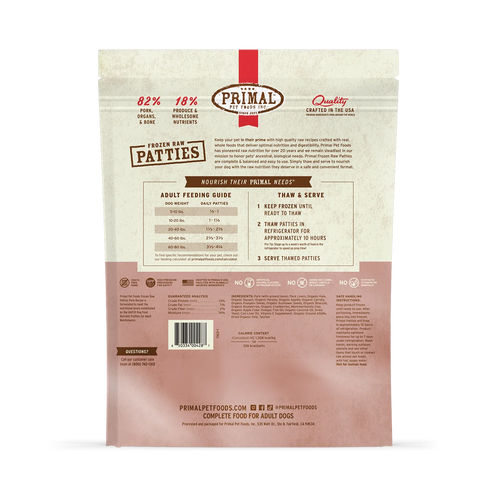 Primal Pet Foods Frozen Raw Pork Patties for Dogs - Bulk 18lb Box