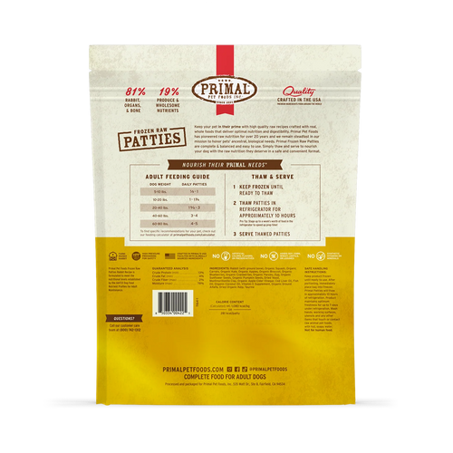 Primal Pet Foods Frozen Raw Patties Dog Food Rabbit Recipe - 6lb