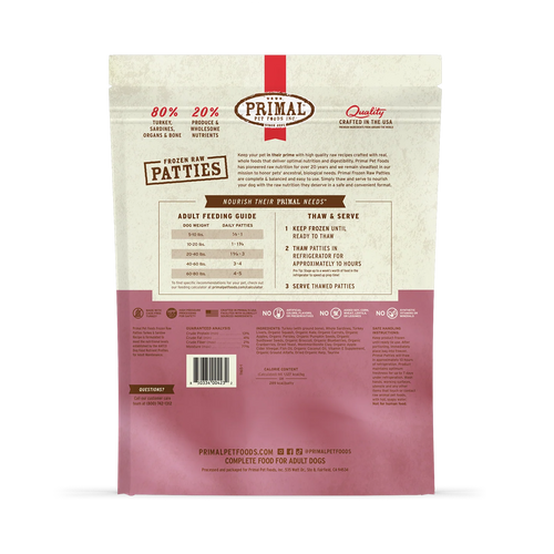 Primal Pet Foods Frozen Raw Patties Dog Food Turkey & Sardine Recipe - 6lb