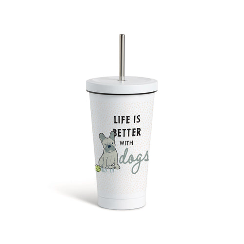 French Bulldog Dog Tumbler with Straw - White 16oz