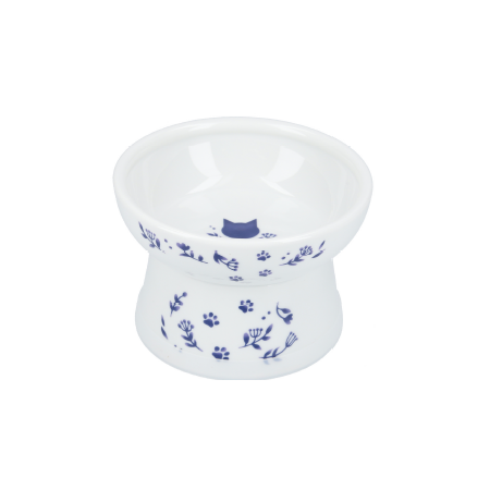 Necoichi Raised Cat Food Bowl, Nordic Blue Print