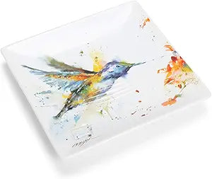 Hummingbird Watercolor Blue On White 7 x 7 Glossy Stoneware Snack Plate