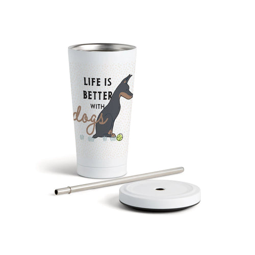 Dobermann Dog Tumbler with Straw - White 16oz