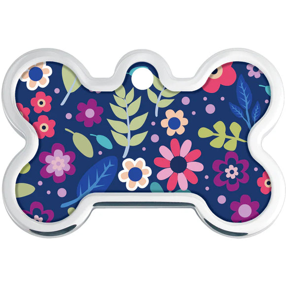 Garden Floral Medium Bone Raised Edge Pet ID Tag