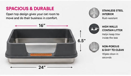 Open Top Stainless Steel Cat Litter Box - 24” x 16”
