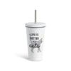 Gray Cat Tumbler with Straw - White 16oz