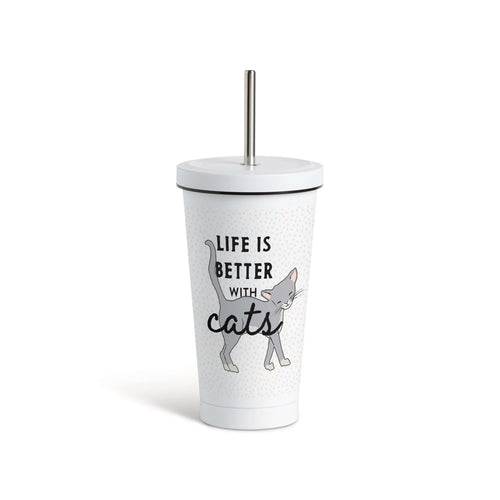 Gray Cat Tumbler with Straw - White 16oz
