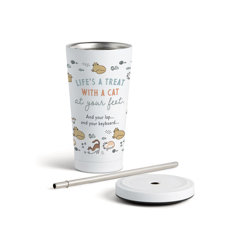 Life's a Treat Cat Tumbler with Straw - White 16oz