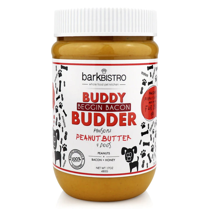 BARK BISTRO BEGGING BACON BUDDY BUDDER- 100% NATURAL DOG PEANUT BUTTER, MADE IN USA 17OZ JAR