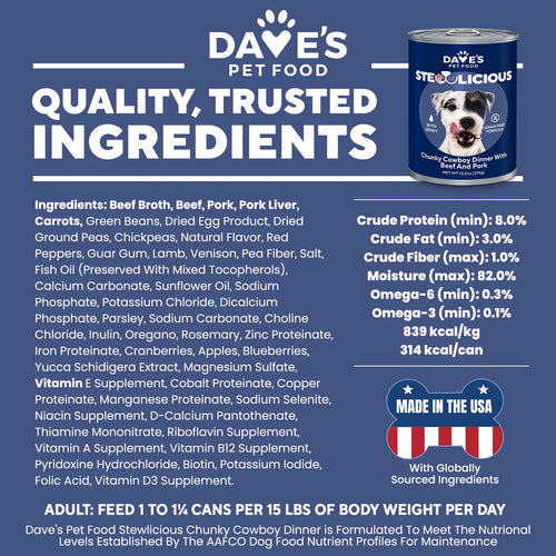 Dave's Pet Food Stewlicious Chunky Cowboy Dinner with Beef and Pork for Dogs - 13.2oz