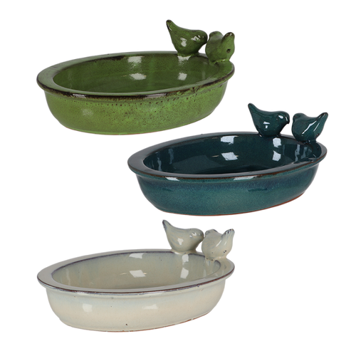 Ceramic Oval Bird Bath with Birds - Assorted Colors