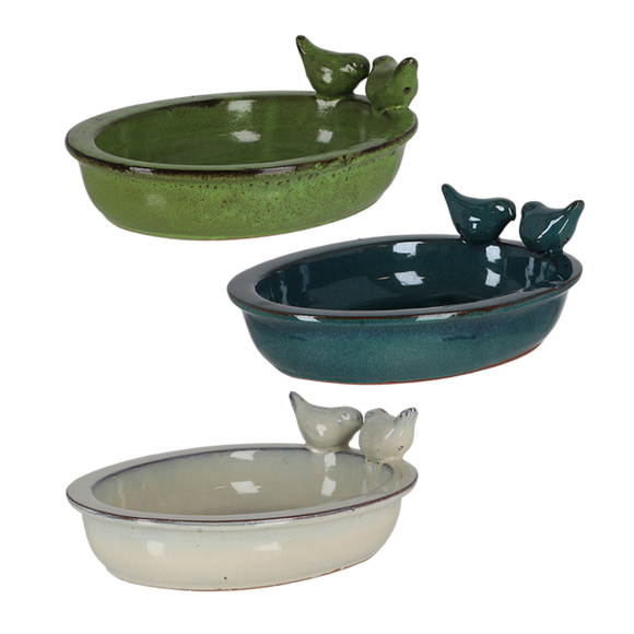 Ceramic Oval Bird Bath with Birds - Assorted Colors