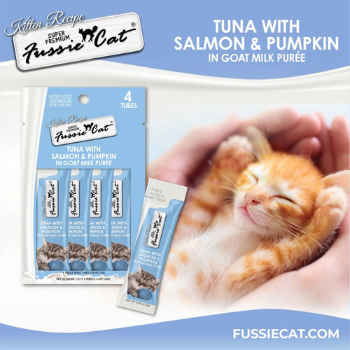 Fussie Cat Kitten Tuna with Salmon & Pumpkin in Goat Milk Puree - 4 Pack