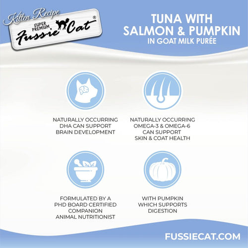 Fussie Cat Kitten Tuna with Salmon & Pumpkin in Goat Milk Puree - 4 Pack