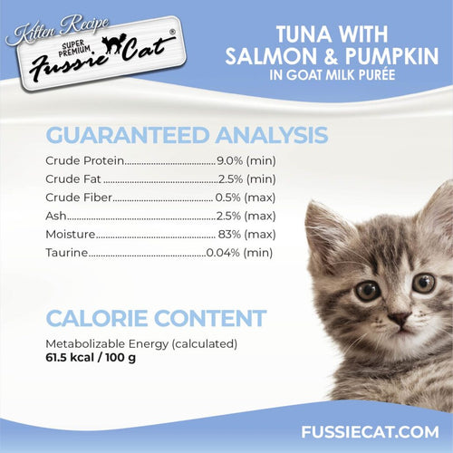 Fussie Cat Kitten Tuna with Salmon & Pumpkin in Goat Milk Puree - 4 Pack