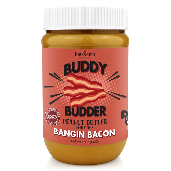 BARK BISTRO BANGIN BACON BUDDY BUDDER- 100% NATURAL DOG PEANUT BUTTER, MADE IN USA 17OZ JAR