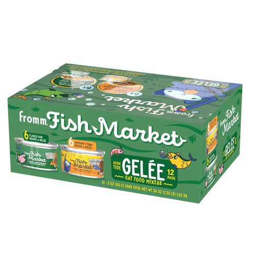 A green box of Fromm. Fish Market Gelée cat food mixers, 12-pack, containing 3 oz cans of wet cat food, shown on a white background.