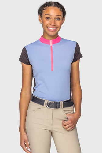 Periwinkle, Hot Pink, & Black Color Block Cap Sleeve 1/4 Zip Sun Shirt