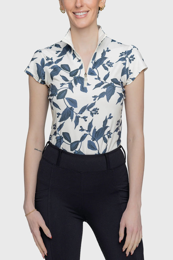 Kastel Indigo Lithograph Leaf 1/4 Zip Cap Sleeve Shirt