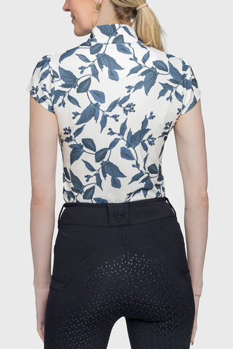 Kastel Indigo Lithograph Leaf 1/4 Zip Cap Sleeve Shirt