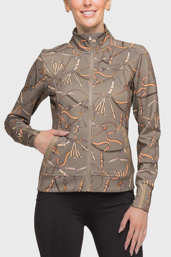 Kastel Long Sleeve Full Zip Taupe Belt Print Scuba Jacket