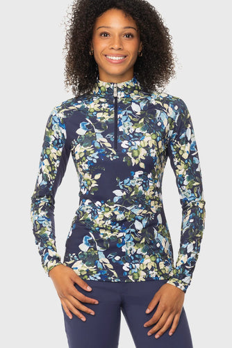 Navy Watercolor Floral 1/4 Zip Long Sleeve Sun Shirt