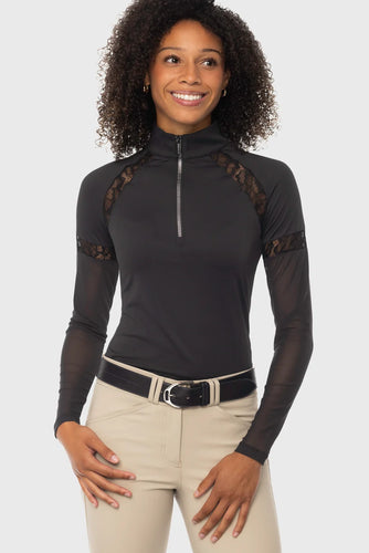 Black 1/4 Zip Long Sleeve Sun Shirt w/ Mesh Sleeves & Lace Insets