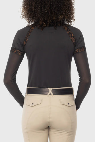 Black 1/4 Zip Long Sleeve Sun Shirt w/ Mesh Sleeves & Lace Insets