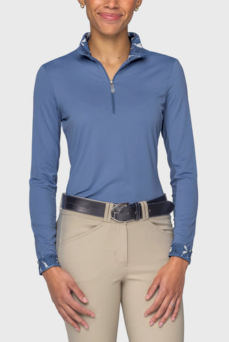 Pacific Blue Solid W/ Pacific Blue Wild Rose Inner Print Long Sleeve 1/4 Zip Ladies Sun Shirt