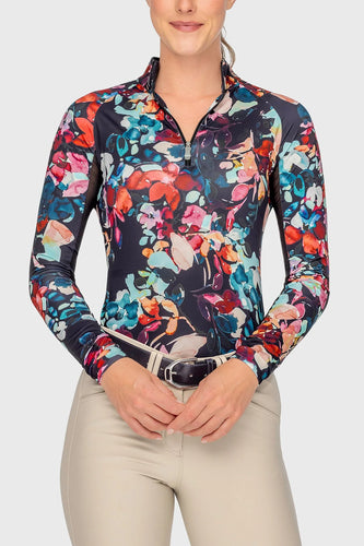 Black Watercolor Floral Long Sleeve 1/4 Zip Ladies Sun Shirt