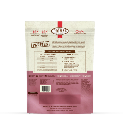 Primal Pet Foods Frozen Raw Patties Dog Food Turkey & Salmon Recipe - 6lb