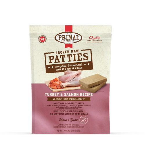 Primal Pet Foods Frozen Raw Patties Dog Food Turkey & Salmon Recipe - 6lb