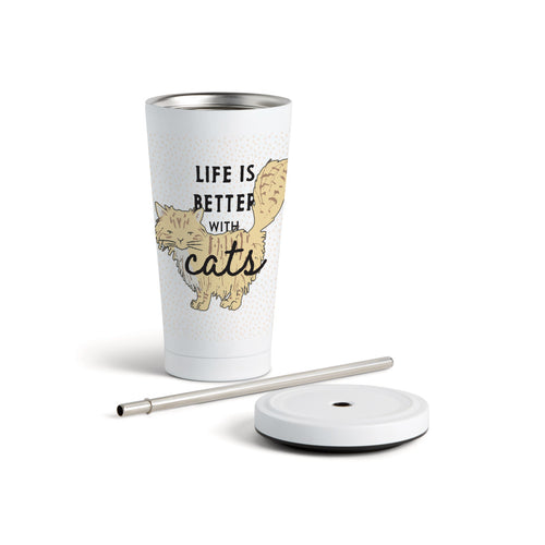 Yellow Cat Tumbler with Straw - White 16oz
