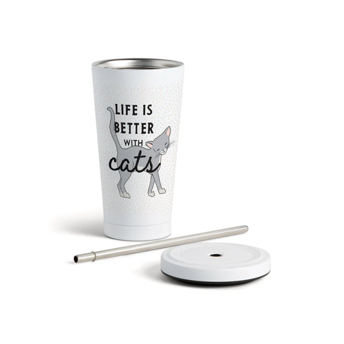 Gray Cat Tumbler with Straw - White 16oz