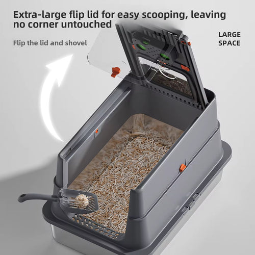 PAWFECT™ Extra Large Fully Enclosed Stainless Steel Cat Litter Box with Scoop | Black