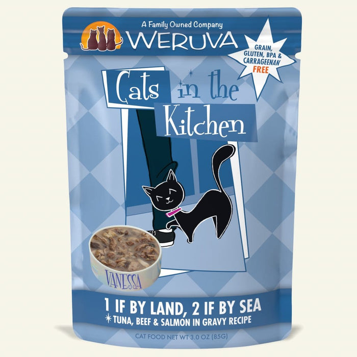 WERUVA CATS IN THE KITCHEN 1 IF BY LAND, 2 IF BY SEA TUNA, BEEF & SALMON IN GRAVY  3.0oz Pouch