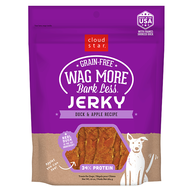 Cloud Star Wag More Bark Less Duck & Apple Recipe Grain-Free Jerky Dog Treats, 10-oz bag