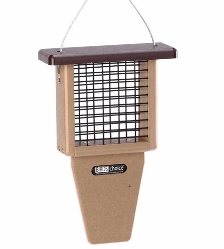 SUET FEEDER WITH TAIL PROP FOR SINGLE CAKE IN TAUPE AND BROWN RECYCLED PLASTIC