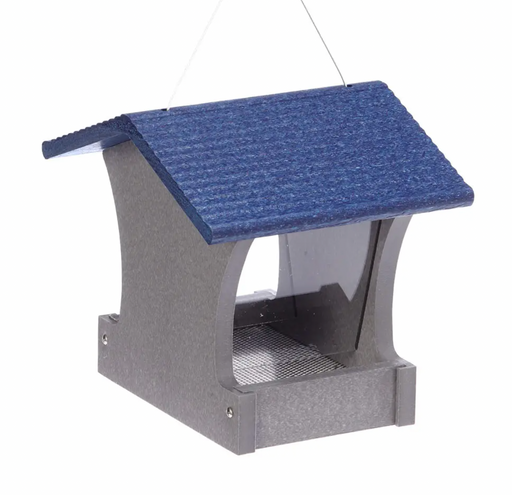 SMALL HOPPER BIRD FEEDER IN GRAY AND BLUE RECYCLED PLASTIC