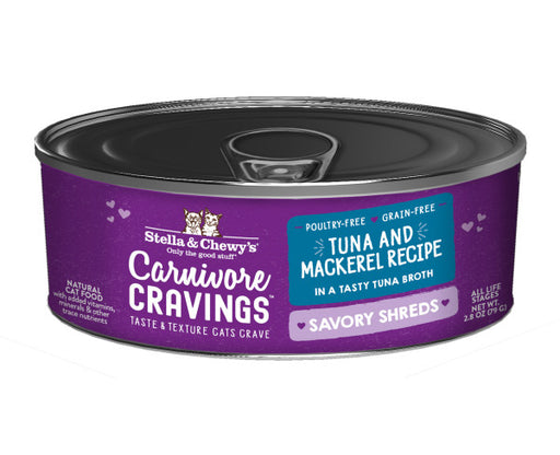 Stella & Chewy's Carnivore Cravings Savory Shreds - Tuna & Mackerel Recipe Dinner in Broth - 2.8 Ounce Can
